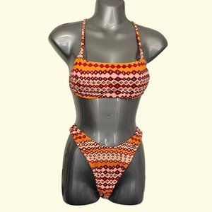 Aerie Bikini Swim Set Size M Orange Print Scoop Top & High Rise Cheeky Bottom